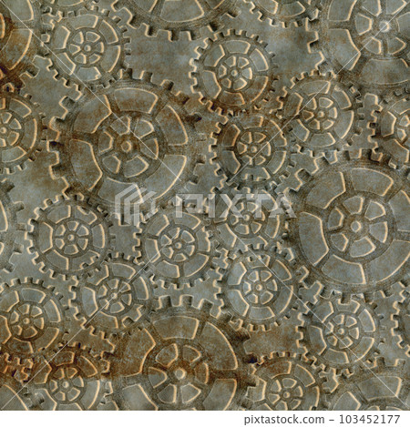 Hand-Drawn Steampunk Gear Transmission Element Digital Paper on Grunge Background. Digital Paper with Metal Gear Illustration Drawn by Colored Pencil and Watercolor. 103452177
