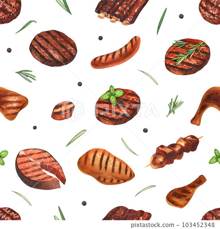 Watercolor pattern seamless grilled meat hamburger and steak beef. Hand-drawn illustration isolated on white background. Perfect for menu cafe, restaurant, recipe book, cooking, barbecue 103452348