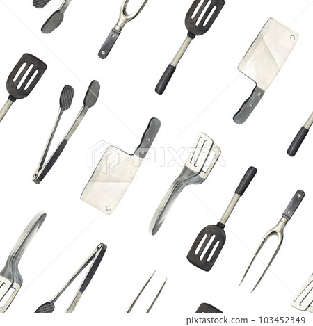 Watercolor seamless pattern elements grill, kitchen tools for cooking bbq: spatula,fork,tongs and knife grilling. Hand-drawn illustration isolated on white background.Perfect for menu cafe, restaurant 103452349