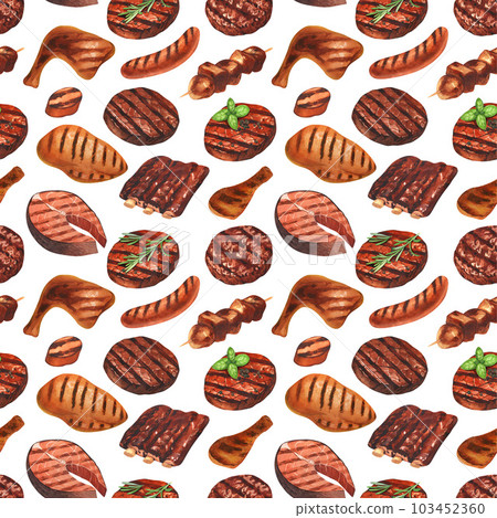 Watercolor pattern seamless grilled meat hamburger and steak beef. Hand-drawn illustration isolated on white background. Perfect for menu cafe, restaurant, recipe book, cooking, barbecue Watercolor pattern seamless grilled meat hamburger and steak beef. Hand-drawn illustration isolated on white background. Perfect for menu cafe, restaurant, recipe book, cooking, barbecue 103452360