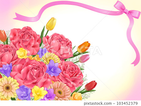Roses, tulips, gerberas, and freesias, gorgeous bouquets and ribbons 103452379