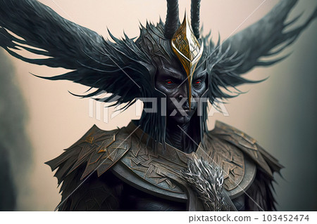 Dark Fantasy Art of a Horned Warrior with Wings and Red Eyes 103452474