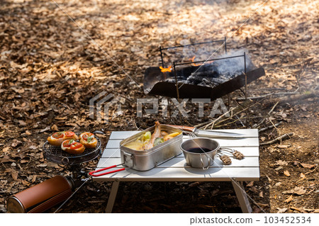 Cooking food using a bonfire at the campsite 103452534