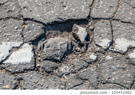 Damaged and potholed asphalt pavement. Danger and traffic safety Damaged and potholed asphalt pavement. Danger and traffic safety 103452802