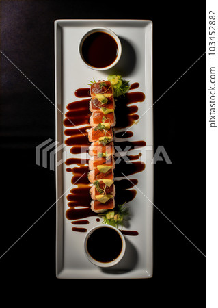 Top view ai generative image of sushi platter with soy sauce on dark background 103452882