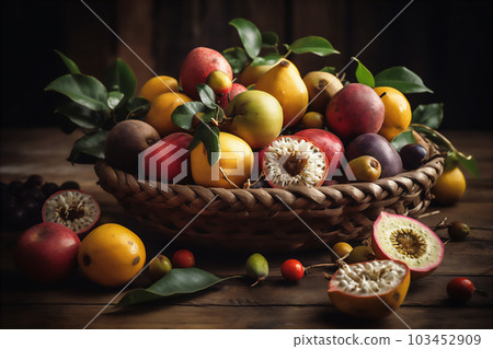 AI generative image of overflowing basket with fresh tropical fruit on dark 103452909