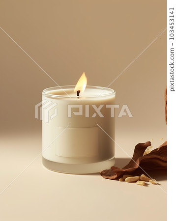 Burning candle mockup, front view of glass candle jar on studio background, design and branding ready candle template 103453141
