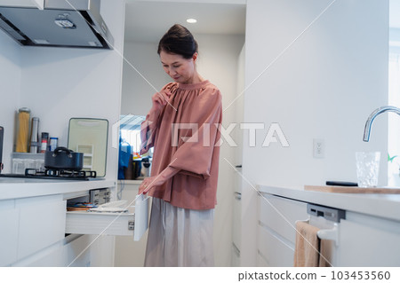 Senior woman devising storage in the kitchen 103453560