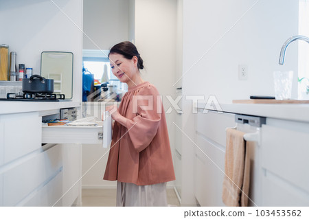 Senior woman devising storage in the kitchen 103453562