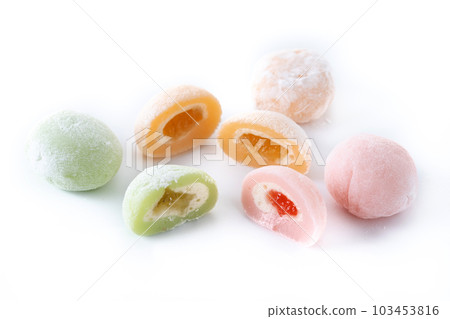 Japanese colorful mochi isolated on white background Japanese colorful mochi isolated on white background 103453816