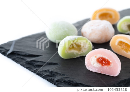 Japanese colorful mochi isolated on white background Japanese colorful mochi isolated on white background 103453818