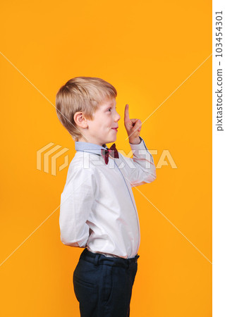I have idea. Child boy with finger up Little funny genius student thinking on yellow background. I have idea. Child boy with finger up Little funny genius student thinking on yellow background. 103454301