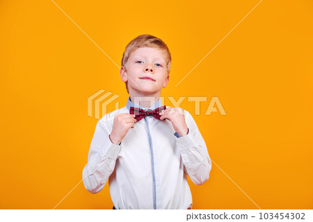 Close-up portrait of smiling little boy in shirt with bowtie on yellow background 103454302