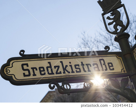 Street name sign of Sredzkistrasse in Berlin, one of the main streets in the Prenzlauer Berg district, East Germany 103454412