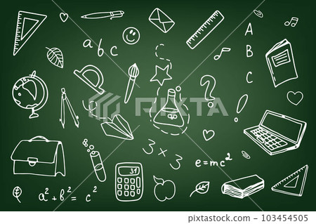 Background of school icons in doodle style. School education. Back to school doodle drawing. 103454505