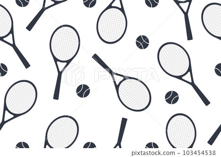 Sports seamless pattern with tennis badges in a flat design style.Cartoon illustration with sports objects: a tennis ball and a tennis racket. Vector illustration Sports seamless pattern with tennis badges in a flat design style.Cartoon illustration with sports objects: a tennis ball and a tennis racket. Vector illustration 103454538