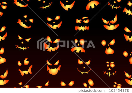 Seamless pattern with emotions halloween pumpkins on dark background. Funny faces for scrapbook digital paper, textile print, page fill. Vector illustration 103454578