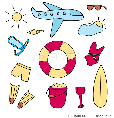 A set for a summer trip, hand-drawn in doodles. Flat vector illustrations on a white background. 103454647