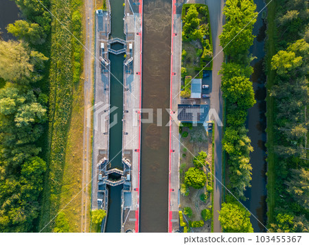 DUFFEL, LIER, BELGIUM, May 31, 2023, Aerial view or top down view of the River lock between Nete DUFFEL, LIER, BELGIUM, May 31, 2023, Aerial view or top down view of the River lock between Nete 103455367