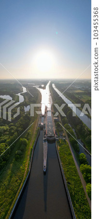 DUFFEL, LIER, BELGIUM, May 31, 2023, Aerial view of the River lock between Nete Channel and Nete DUFFEL, LIER, BELGIUM, May 31, 2023, Aerial view of the River lock between Nete Channel and Nete 103455368