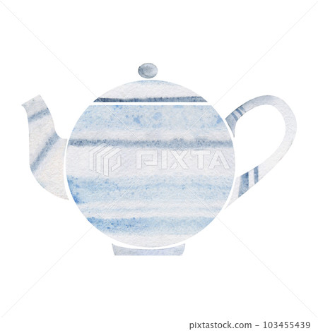 Watercolor hand drawn illustration. Tea pot kettle round striped white and blue porcelain. Isolated object on white background. For invitations, cafe, restaurant food menu, print, website, cards 103455439