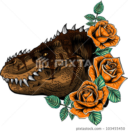 Dinosaurus tyrannosaurus rex head. Dinosaur and roses frame. Dinosaurus tyrannosaurus rex head. Dinosaur and roses frame. 103455450