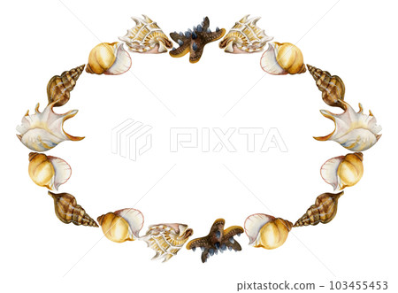 Hand drawn watercolor exotic sea shells and colorful glass, starfish. Circle wreath frame. Isolated on white background. Design wall art, wedding, print, fabric, cover, card, tourism, travel booklet. Hand drawn watercolor exotic sea shells and colorful glass, starfish. Circle wreath frame. Isolated on white background. Design wall art, wedding, print, fabric, cover, card, tourism, travel booklet. 103455453