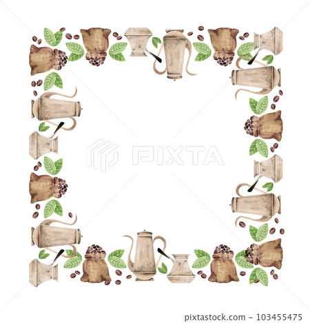 Watercolor hand drawn border frame with coffee copper turkish cezve, roasted beans, green leaves, pots. Isolated on white background. For invitations, cafe, restaurant food menu, print, website, cards 103455475
