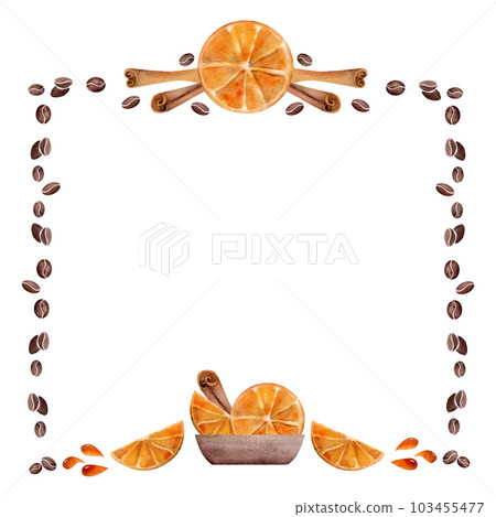 Watercolor hand drawn border frame with coffee cups, beans, orange slices, juice drops, cinnamon stick. Isolated on white background. For invitations, cafe, restaurant food menu, print, website, cards 103455477