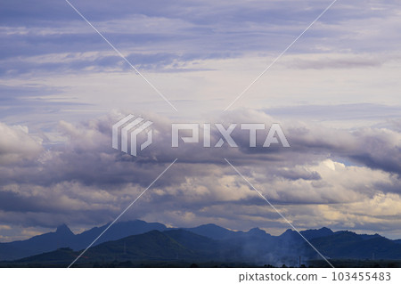 View of landscape nature and mountain with sunlight and sunset or sunrise in morning light 103455483