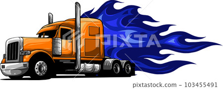 Classic american semi truck. Isolated vehicle with fire flame on white background. Classic american semi truck. Isolated vehicle with fire flame on white background. 103455491