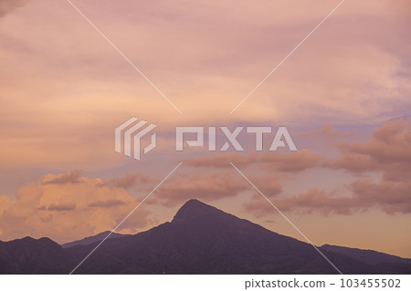 View of landscape nature and mountain with sunlight and sunset or sunrise in morning light View of landscape nature and mountain with sunlight and sunset or sunrise in morning light 103455502