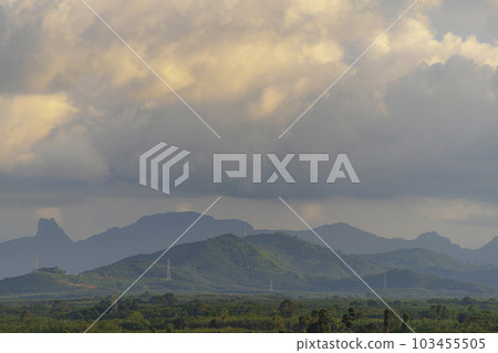 View of landscape nature and mountain with sunlight and sunset or sunrise in morning light View of landscape nature and mountain with sunlight and sunset or sunrise in morning light 103455505