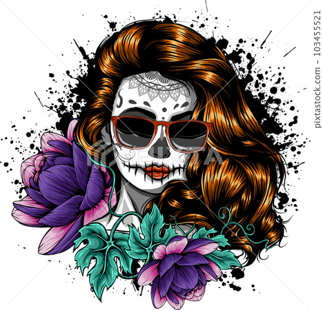 Vector illustration of skull girl with water lily flower. 103455521