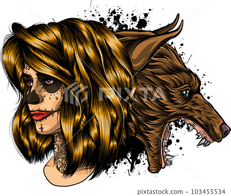 vector illustration of sugar skull woman with wolf 103455534