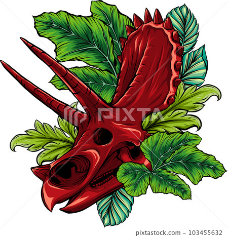 vector illustration of Triceratops dinosaur skull fossil with leaves vector illustration of Triceratops dinosaur skull fossil with leaves 103455632