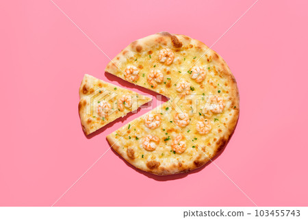 Homemade shrimp pizza isolated on a pink background. Sliced pizza top view Homemade shrimp pizza isolated on a pink background. Sliced pizza top view 103455743