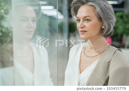 Portrait of a beautiful gray-haired caucasian woman at the glass door.  103455779