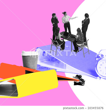 Young people, employees at business meeting, conference. Discussion of project. Contemporary art collage. 103455876