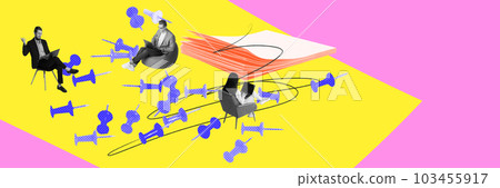 Young people, freelance workers sitting, working on laptop. Online meeting, projects making. Contemporary art collage. 103455917
