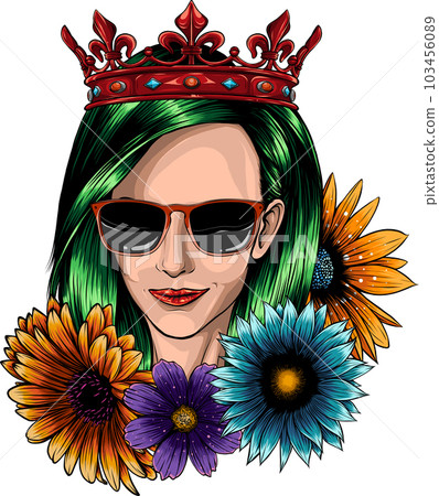 Beautiful girl in the crown and sunglasses. Vector illustration 103456089