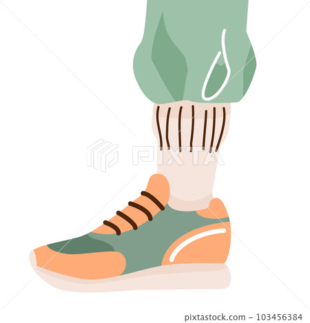 Sneaker with a human foot wearing pants and socks for protection from tick. Vector illustration 103456384