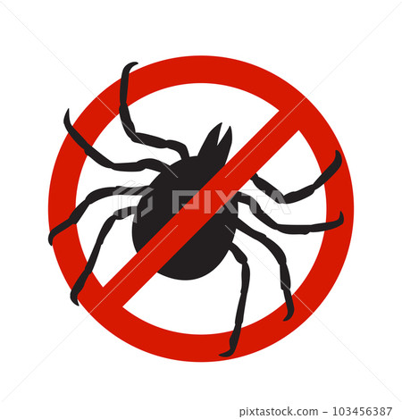 Warning, beware of ticks vector illustration. Tick insect in the prohibition stop sign. Camping signs isolated on white background Warning, beware of ticks vector illustration. Tick insect in the prohibition stop sign. Camping signs isolated on white background 103456387
