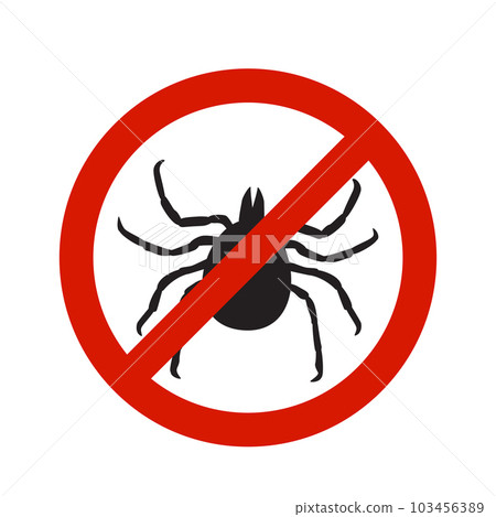 Warning, beware of ticks vector illustration. Tick insect in the prohibition stop sign. Camping signs isolated on white background Warning, beware of ticks vector illustration. Tick insect in the prohibition stop sign. Camping signs isolated on white background 103456389