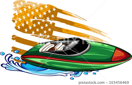 vector illustration of speedboat sea waves with american flag 103456469