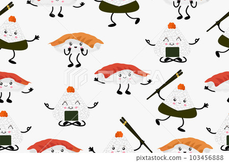 Seamless pattern of sushi and onigiri. Diverse Asian cuisine with kawaii emotions. Vector illustration in cartoon style. Vector illustration 103456888