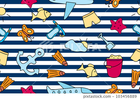 Summer seamless pattern. Doodle style. Accessories for relaxing by the sea. Suitable for printing, textiles, backgrounds, wallpaper, wrapping paper, packaging. Blue background.  103456889