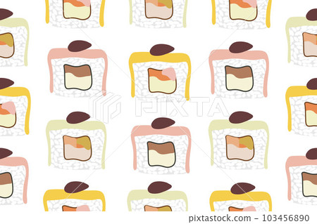 Seamless pattern with e sushi rolls with salmon and cream cheese. Contour background for fabric. Vector illustration 103456890