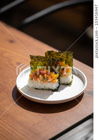 Japanese hand rolls with shrimp and caviar 103456947