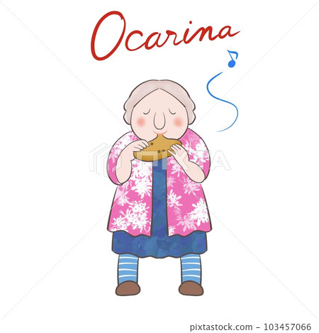 Illustration of a grandmother happily blowing an ocarina Illustration of a grandmother happily blowing an ocarina 103457066